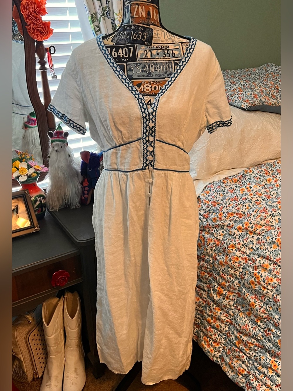 J. Crew White Linen Midi Dress with Blue Embroidered Trim